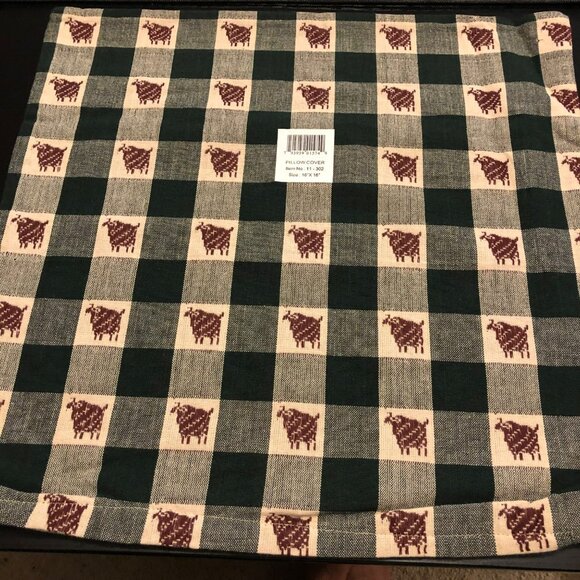 Pillow Covers 16"x16" Sheep Pattern Green & Beige Set of 2 Farmhouse Style Buffa - Picture 1 of 4
